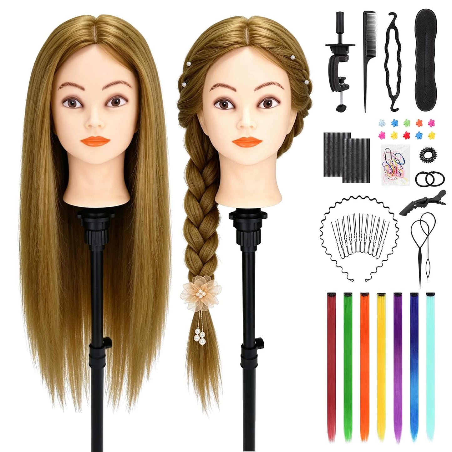 Human Hair Mannequin Head - 20"-22" Cosmetology Doll with 30" Tripod Stand for Hair Styling Practice