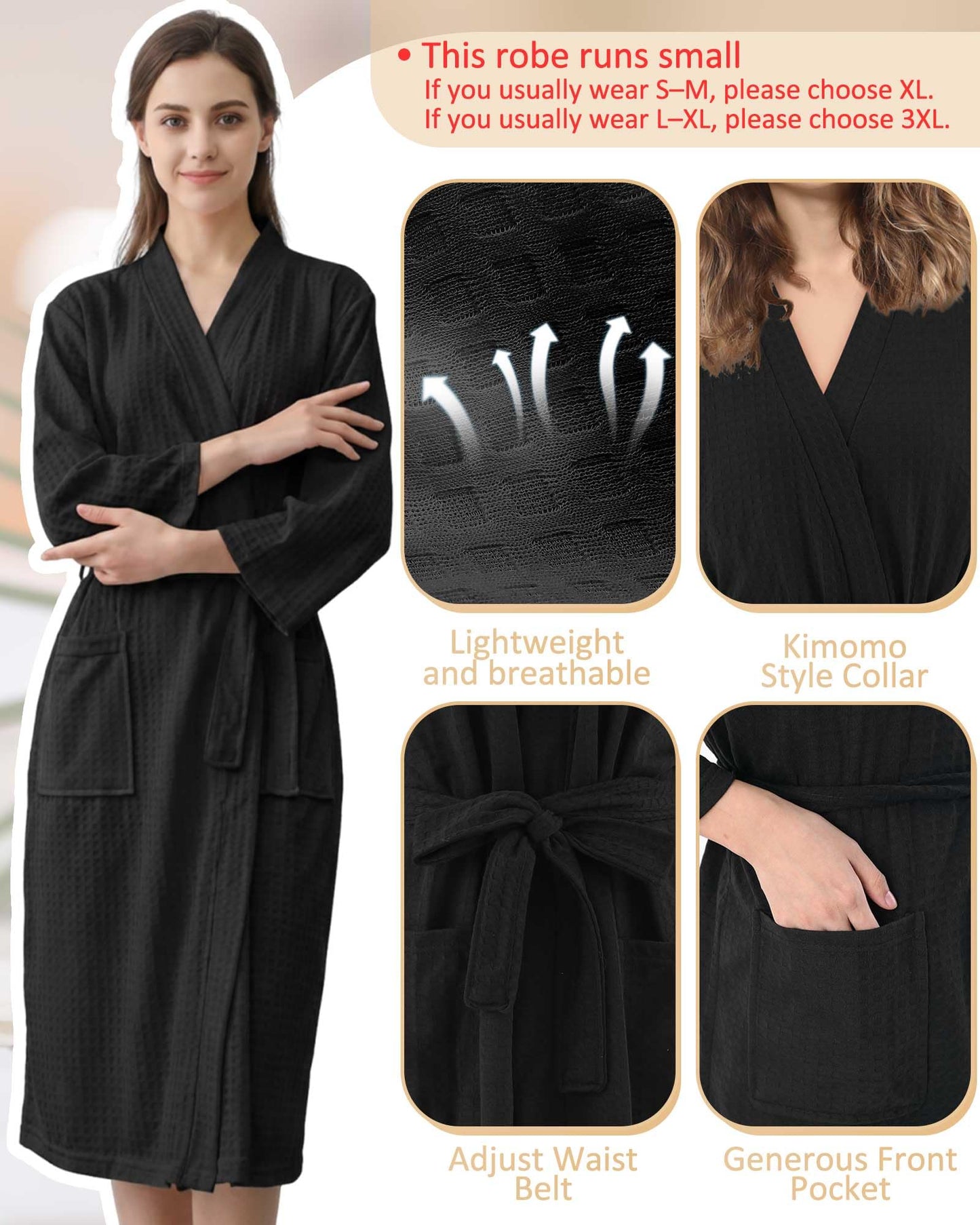 Panitay 12 Pcs Women's Waffle Knit Robes Thin Spa Bath Robe Bulk Hotel Lightweight Commercial Soft for House Shower Party(X-Large,Black)