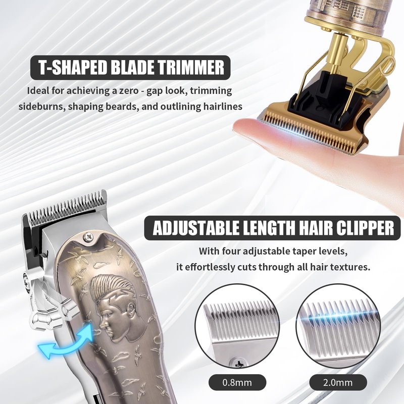 Professional Hair Clipper Set, Men's Hair Clipper, T-Shaped sideburn Trimmer, Electric Shaver,Nose Hair Trimmer,Beauty Salon kit for Hair Cutting and Shaving. (Gold)