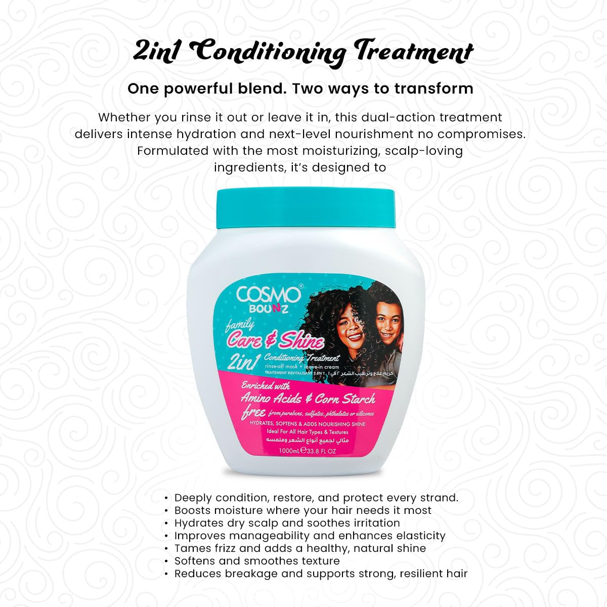 Cosmo Bounz Hair Care Family Care & Shine 2 In 1 Conditioning Treatment 1000ml White, Gentle Nourishing Hair Treatment Cream, Softening, Detangling, Shine Enhancing Daily Use, For All Hair Types