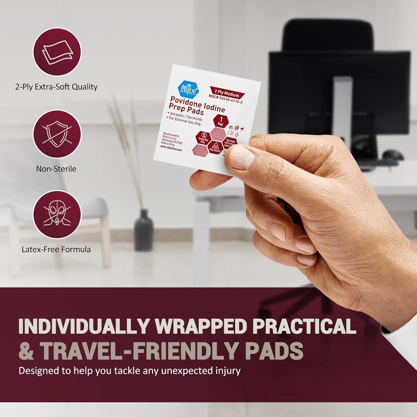 Iodine Wipes - 10% Povidone Iodine Prep Pads | Alcohol-Free Antiseptic, 100 Count