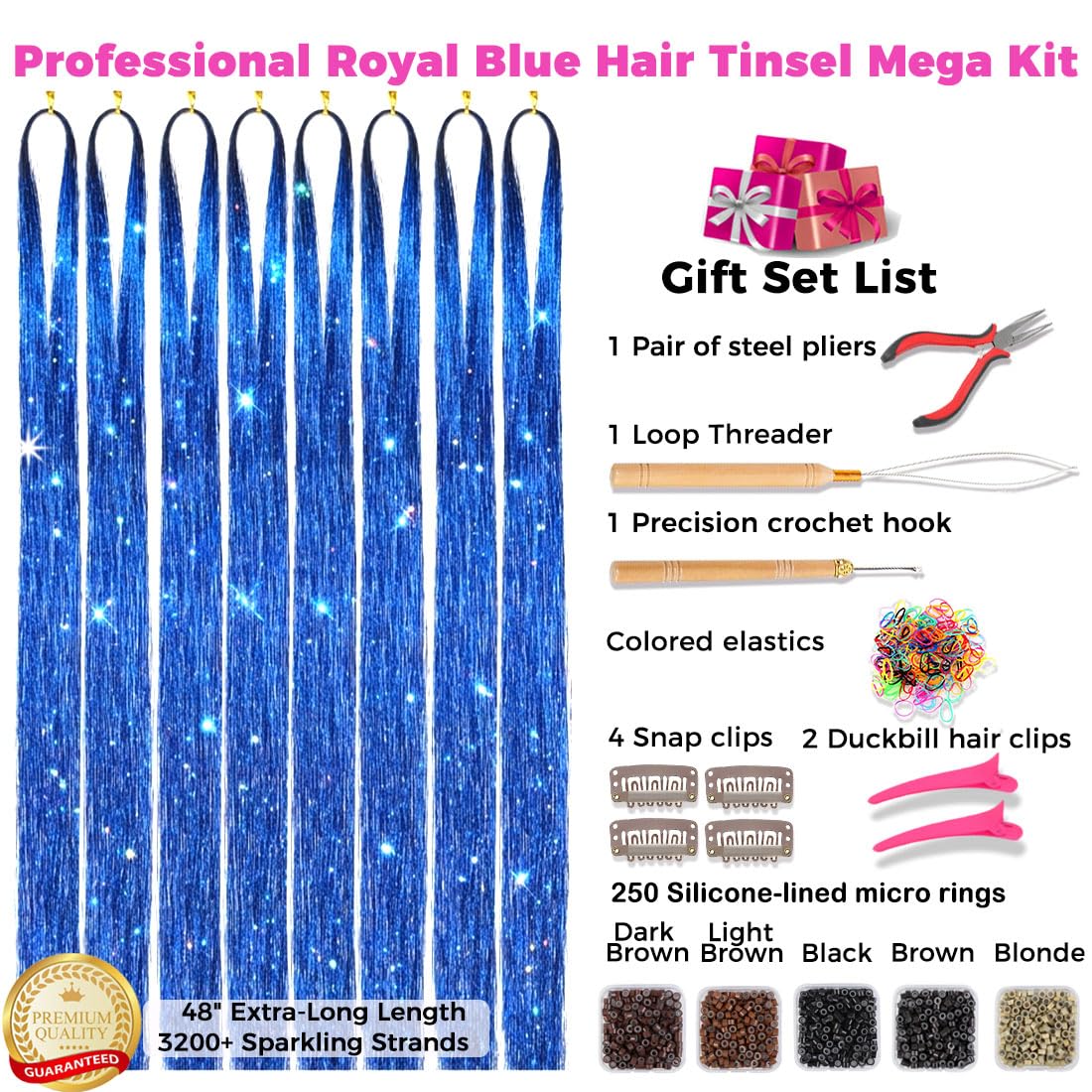 Hair Tinsel Kit - 3200+ Royal Blue Holographic Strands | 48" Heat Resistant Fairy Hair Extensions for Festivals & Parties