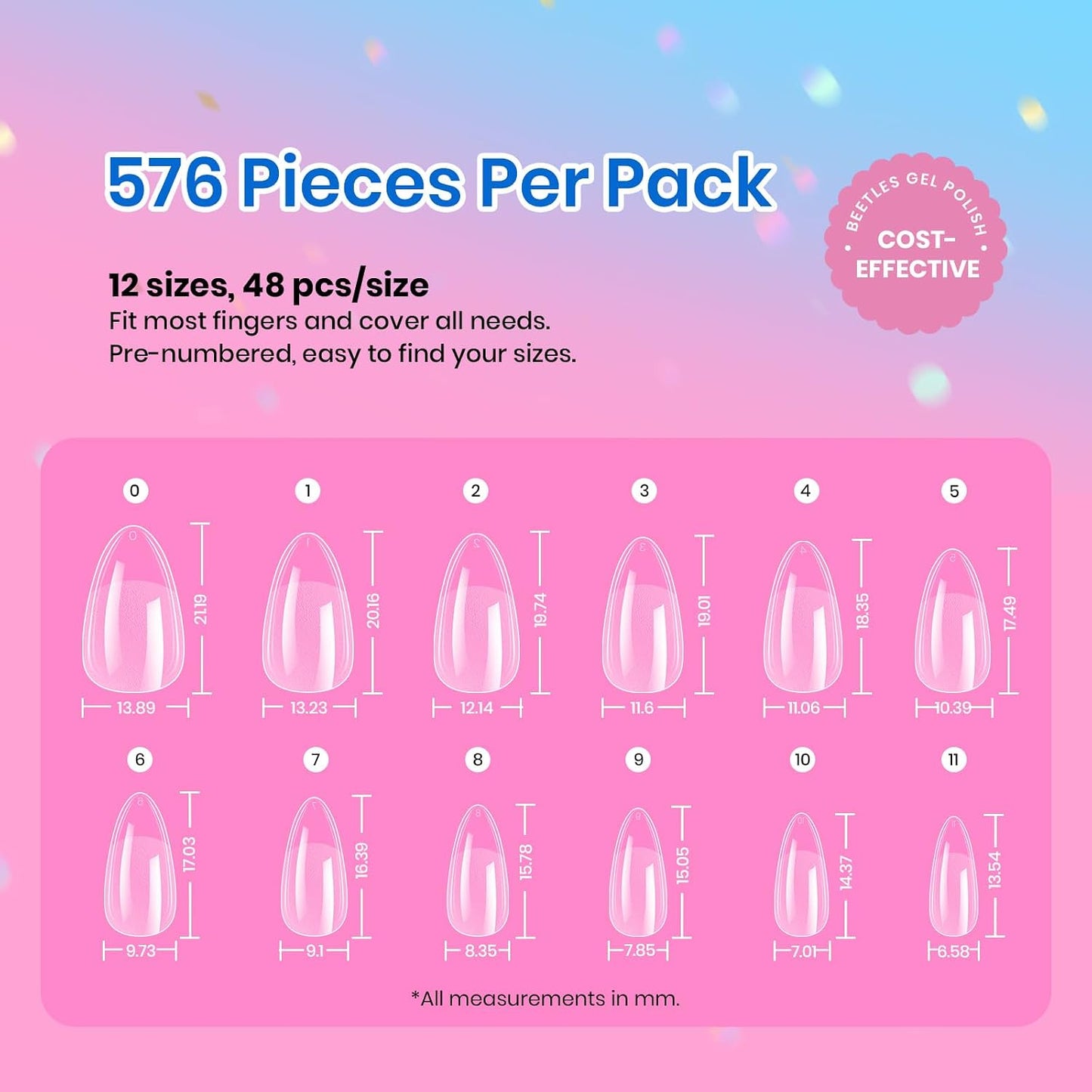 Beetles Gel Nail Tips - 576 Pcs Short Almond Acrylic False Nails | 12 Sizes, Easy DIY Press-On Extensions