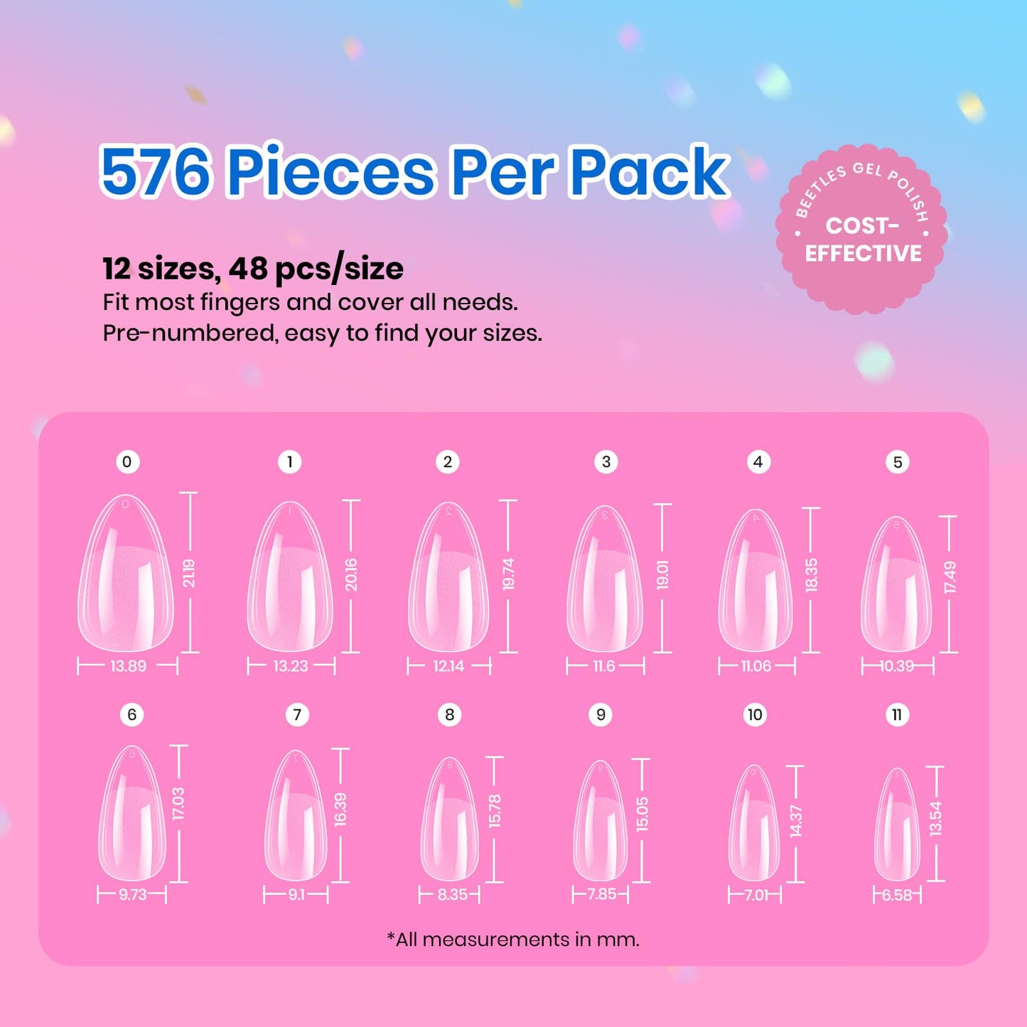 Beetles Gel Nail Tips 576Pcs Pre-Shape Short Almond Etch-X Nail Tips,12 Sizes Soft Acrylic False Tips Half Matte Full Cover Easy DIY Press On Nail Extensions Art Salon Gift Set for Women