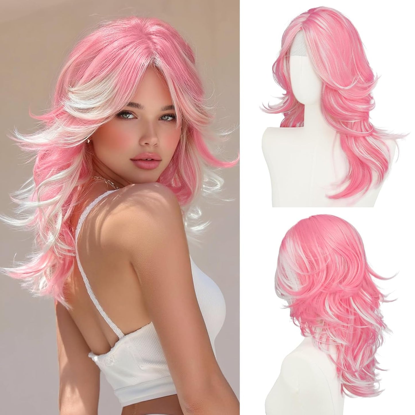 Pink Layered Wigs with Curtain Bangs - 20 Inch Long Wavy Synthetic Hair Wig for Women | Natural Looking Middle Part