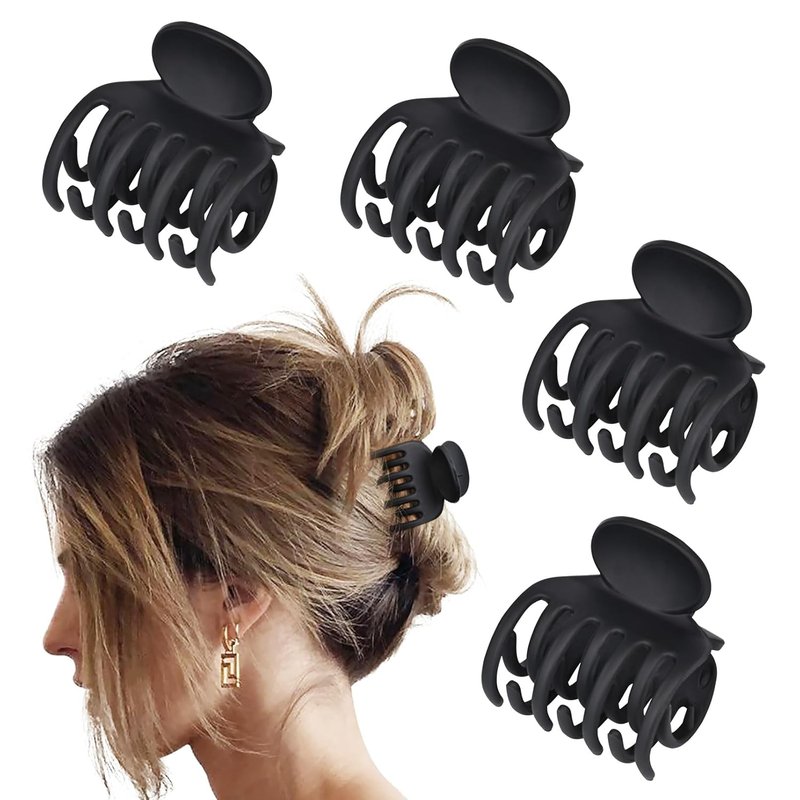 Small Claw Hair Clips for Thin Short Hair - 4 Pack Matte Non-Slip | Black 1.6" Double Row Teeth