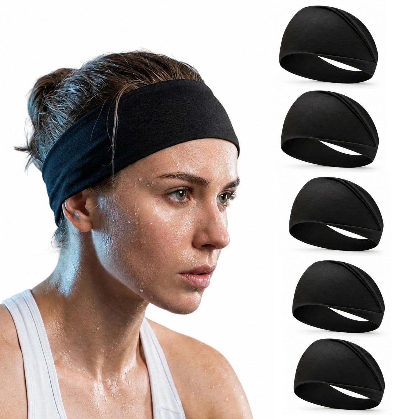 SHUCHNOYE Black Headbands for Women 5 Pack, Non Slip Sweat Wicking Workout Hair Bands, Soft Stretch Athletic Headbands for Running, Yoga, Gym, Fitness and Sports