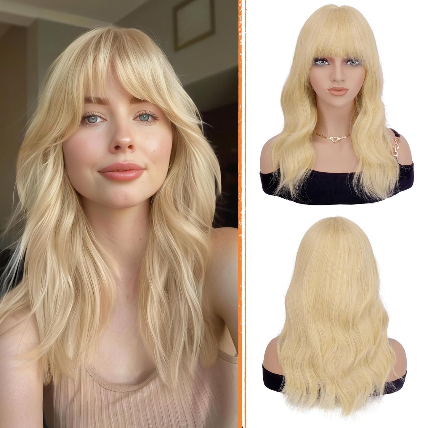 Blonde Wigs with Bangs - 19 Inch Natural Wavy Synthetic Hair | Heat Resistant Medium Length for Daily Wear