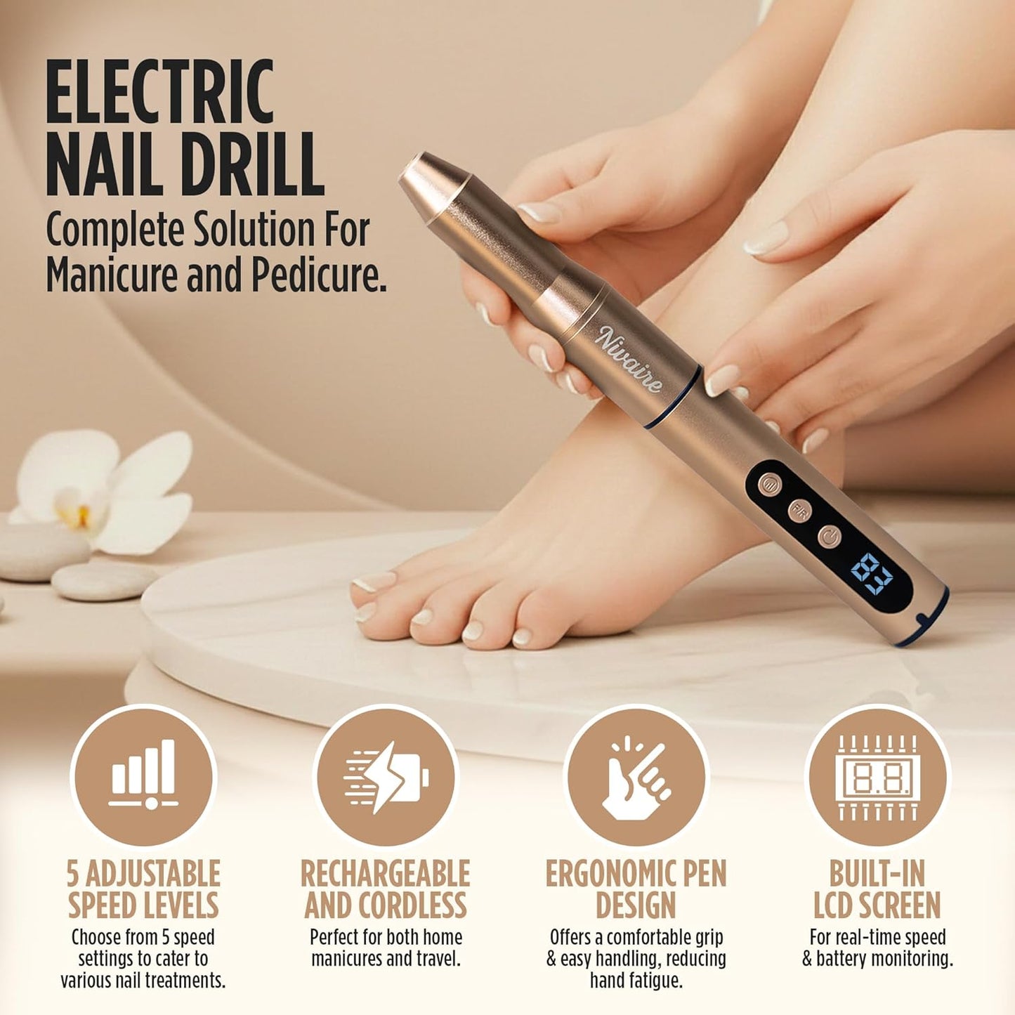 Cordless Nail Drill Kit - 35000RPM Electric Manicure Set with 8 Drill Bits & 5 Speed Levels | Portable Rechargeable (Gold)