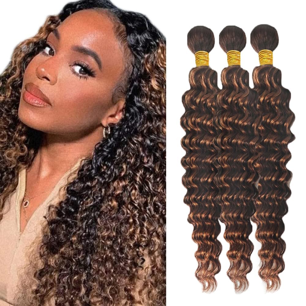 Xddnamei Deep Wave Human Hair Bundles 22 24 26 Inch Brazilian Chocolate Brown Highlight P4/30 12A Raw Unprocessed Brazilian Virgin Quick Weave Hair for Black Women