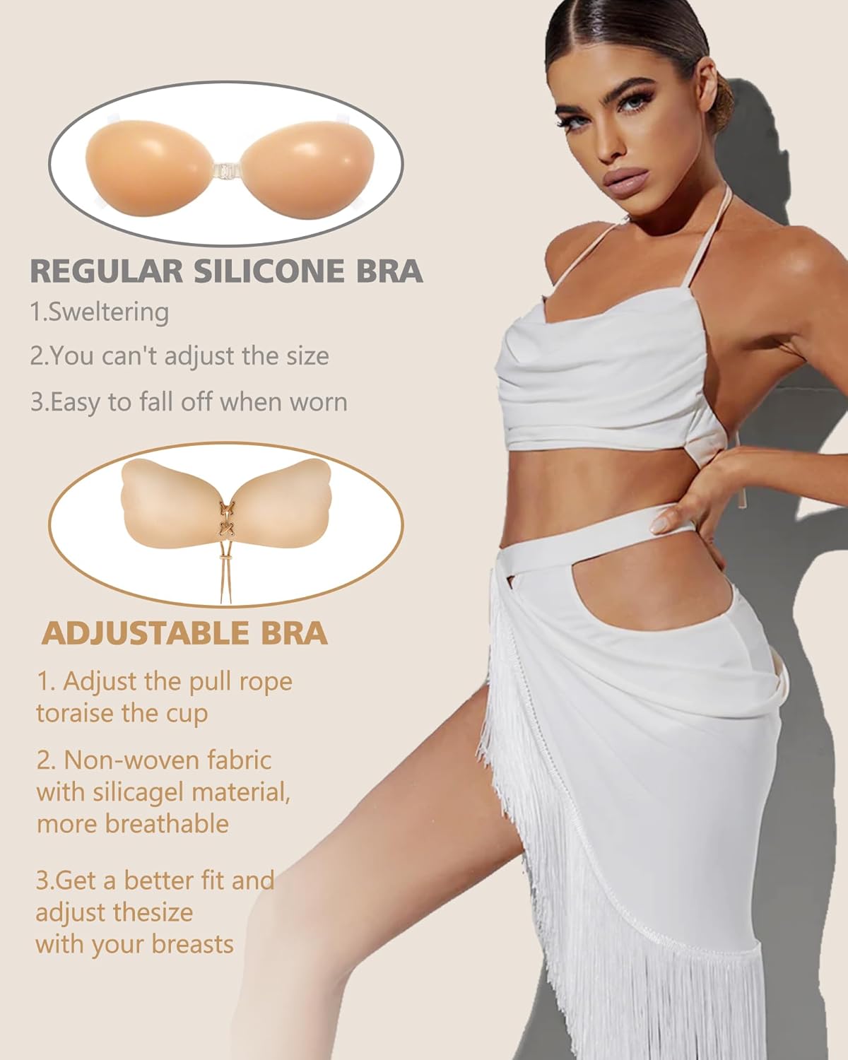 Backless Sticky Bra - Adhesive Push-Up Lift Bras | 2 Pairs Black & Beige