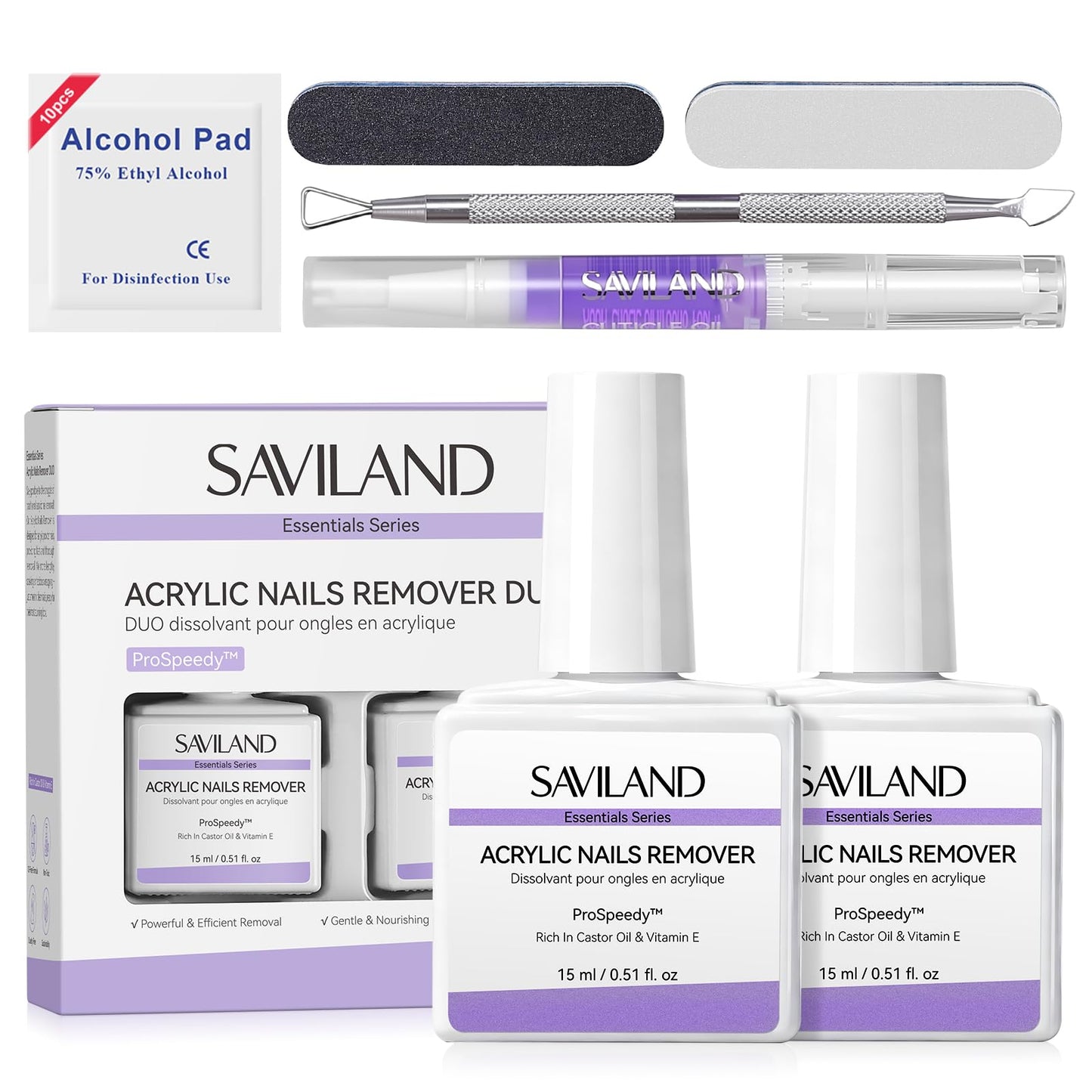 SAVILAND Acrylic Nail Remover Kit: 30 ml Acrylic Remover for Nails Rapid Dissolution Acylic Nail Powder Cuticle Oil & Nail Care Tools Gentle Acrylic Remover No Soaking No Wrapping Home Salon Kit