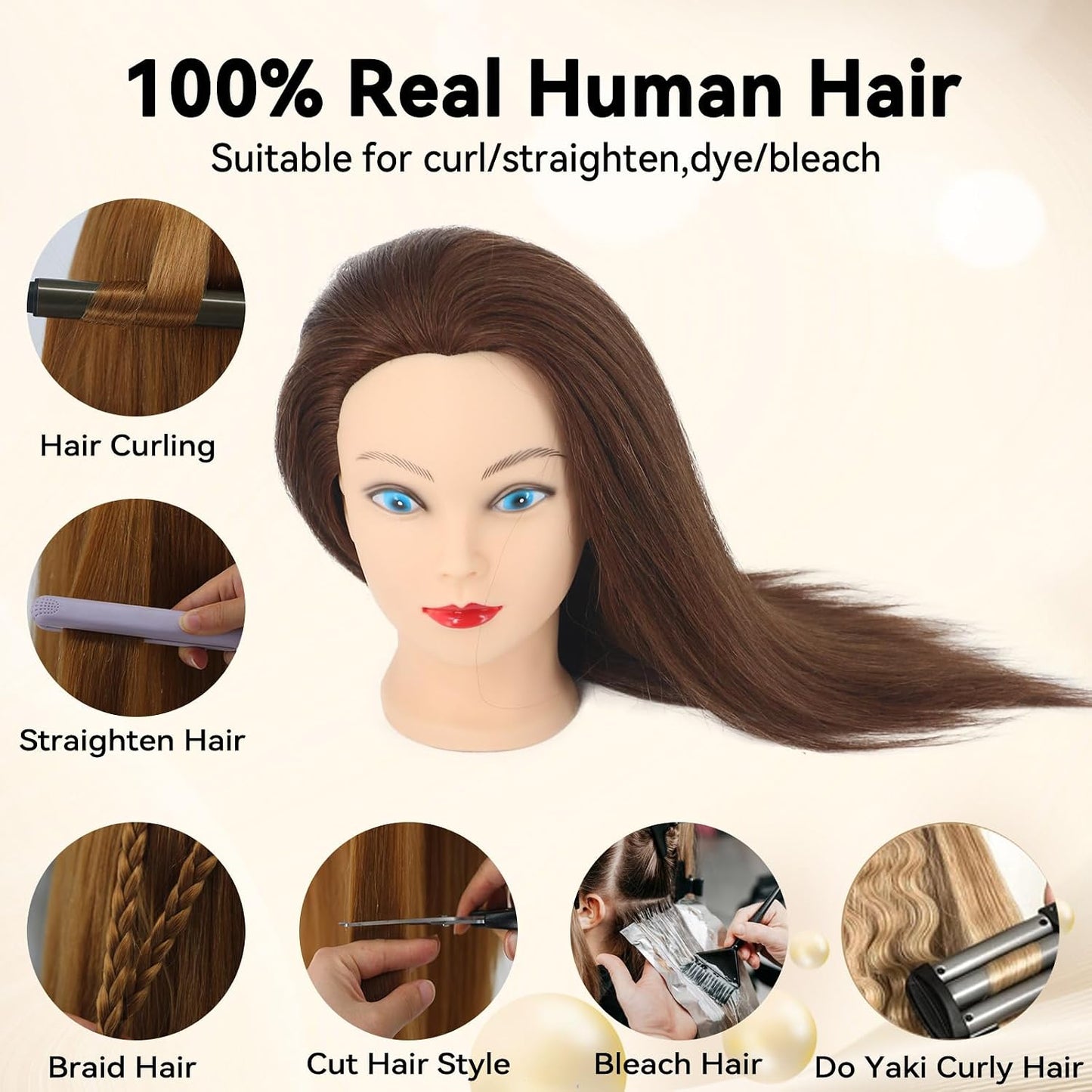 Mannequin Head - 100% Real Human Hair for Cosmetology | Braiding, Styling, Cutting - Brown
