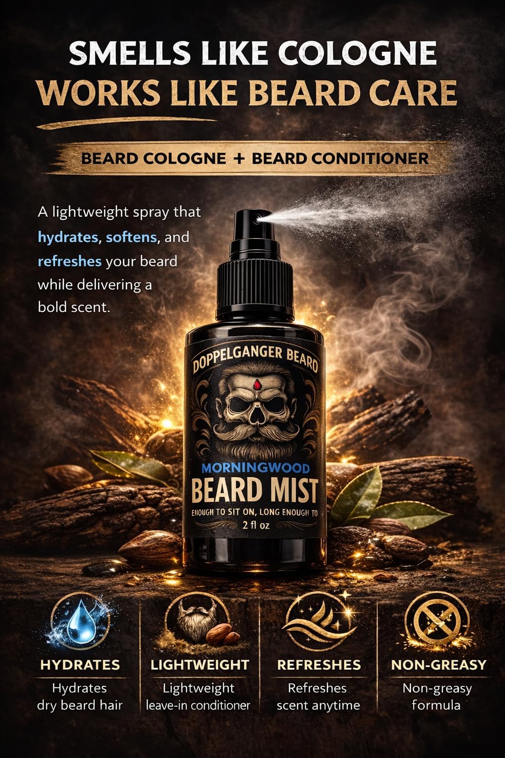 Beard Mist - Beard Cologne & Conditioning Spray for Men – Leave-In Beard Conditioner with Aloe & Jojoba – Hydrates, Softens, Reduces Itch & Never Feels Greasy (2oz, Seaside Sidepeace)