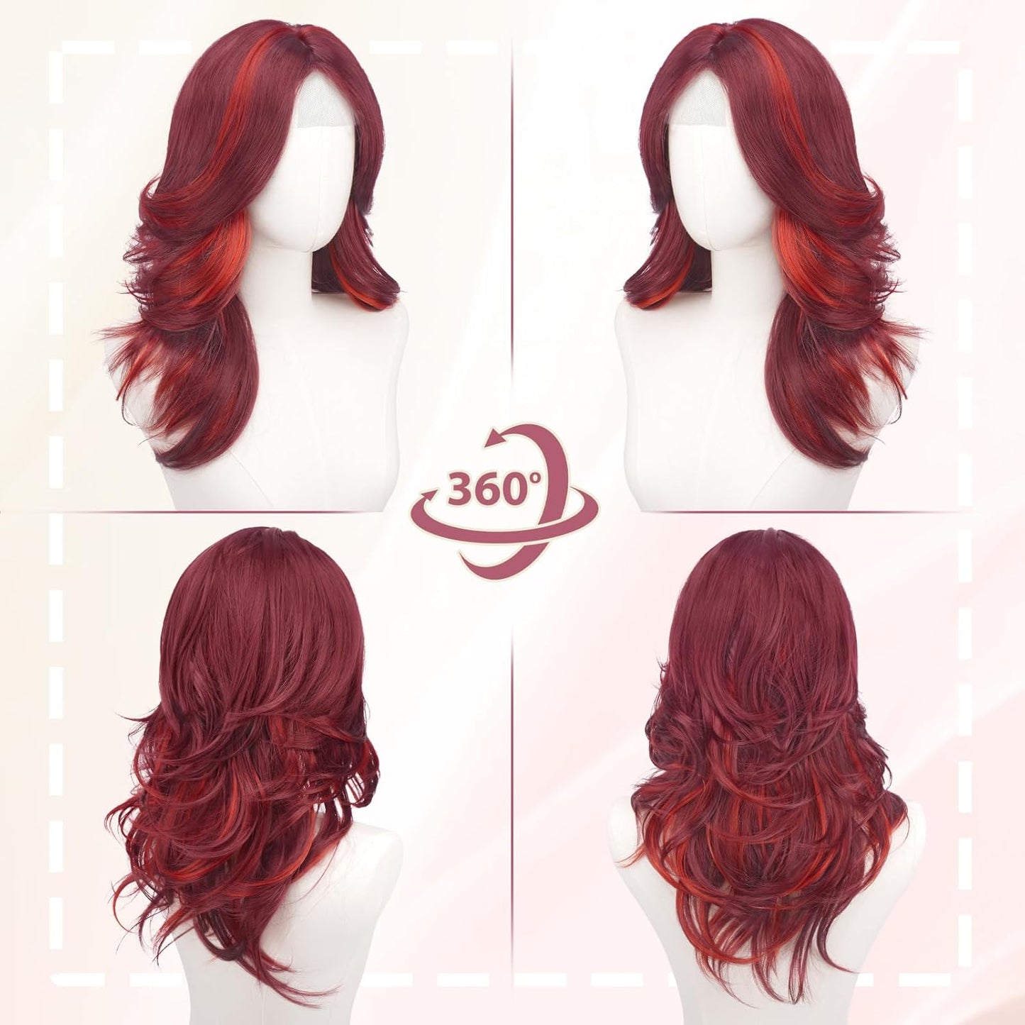 Red Layered Wig with Curtain Bangs - Long Wavy Synthetic Hair, 20 Inch Natural Look for Women | Perfect for Daily Wear & Parties