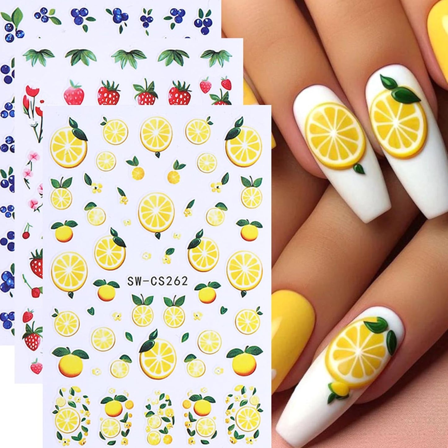3D Summer Nail Art Stickers - Cute Fruit Decals for DIY Manicure | 5 Sheets of Lemon, Strawberry & Blueberry Designs