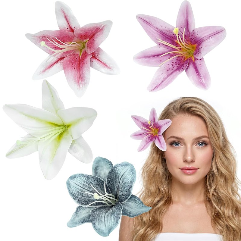 Lily Flower Hair Clips - Faux Hawaiian Tropical Floral Hair Accessories | 4 Pcs for Beach Vacation & Weddings