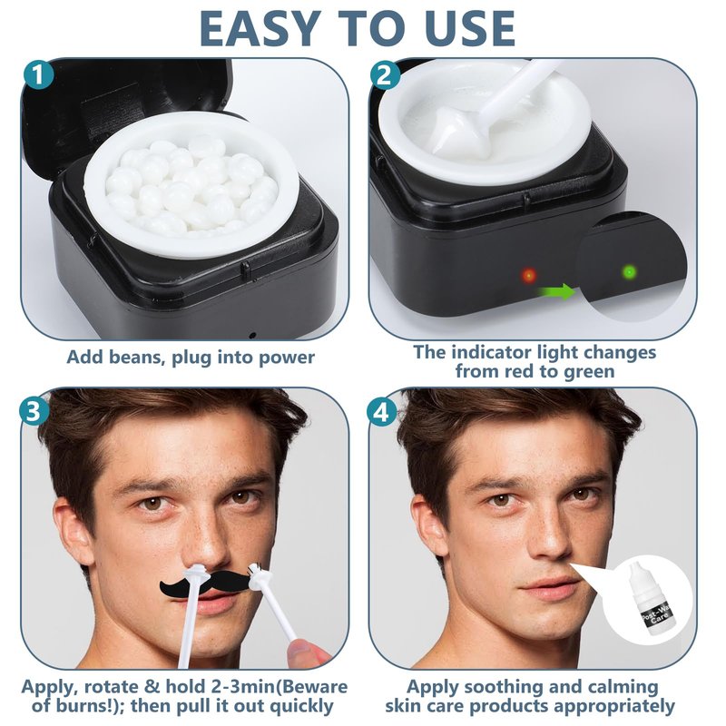 ZOOS Nose Wax Kit Men Ear Hair Waxing Kit for Women Men Hard Nose Hair Wax Kit with Wax, Sticks, USB Rapid Heating, Smart Constant Temp, Black