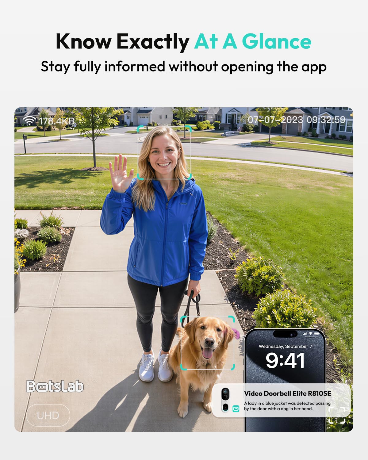BOTSLAB Solar Powered Doorbell Camera Wireless, No Subscription Required, 2K Video Doorbell with Head-to-Toe View, Package Detection, Human Detection, 2-Way Audio, Easy Installation, 2.4GHz WiFi Only