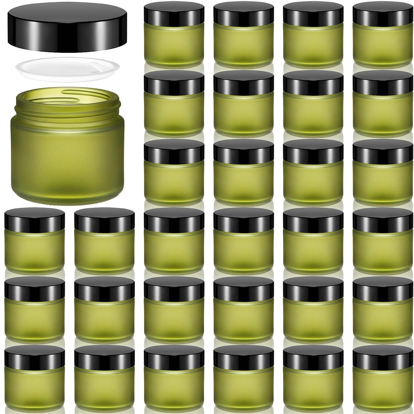 32 Pcs 2 oz Glass Jars - Leakproof Travel Size Cosmetic Containers for Makeup, Creams & DIY (Pea Green)
