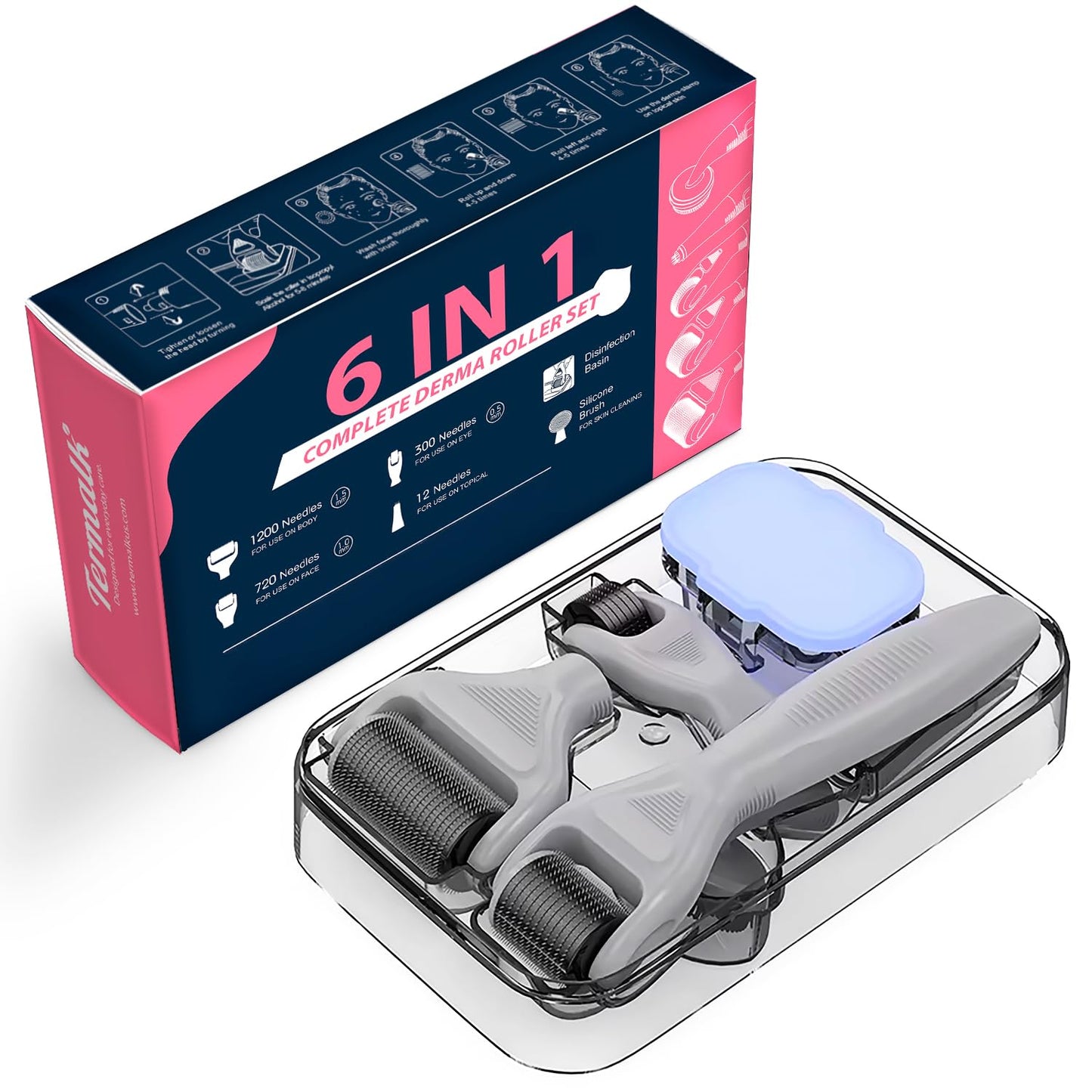 Termalk 6-in-1 Titanium Derma Roller for Face and Body – Kit with Micro-Needles (0.25mm) and (0.3mm) – 300, 720, and 1200 Needles for Men and Women