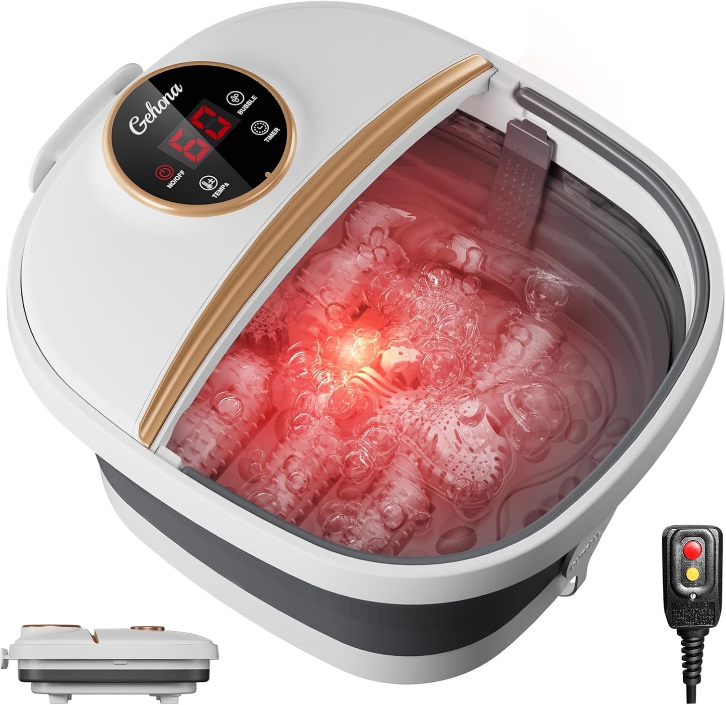 Collapsible Foot Spa Bath - Heated Foot Massager with Bubbles, Timer & Red Light | Deep Black