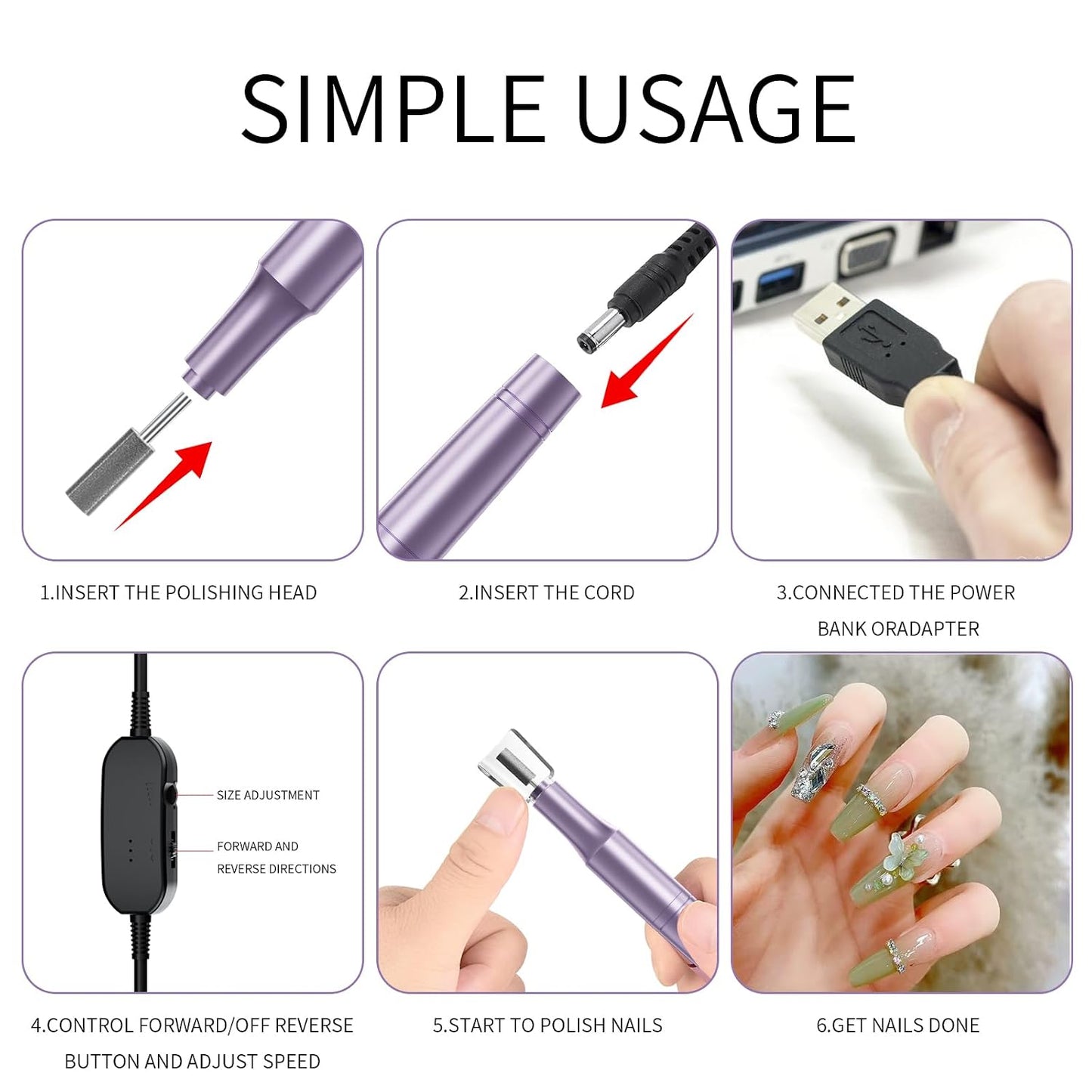 Electric Nail Drill Kit - Professional Corded Nail File for Acrylic & Gel Nails | Portable Manicure Tool (Purple)
