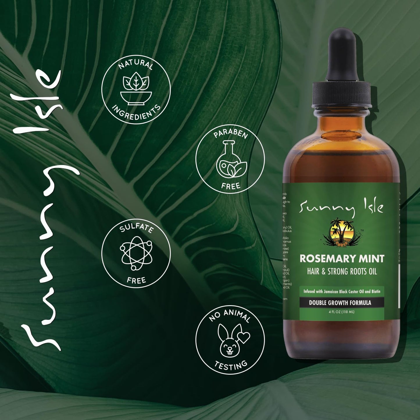 Sunny Isle Rosemary Mint Hair & Strong Roots Oil 4oz, Jamaican Black Castor Oil & Biotin, Double Growth Formula, Strengthening, Dry Scalp, Edges, Breakage & Protective Styles