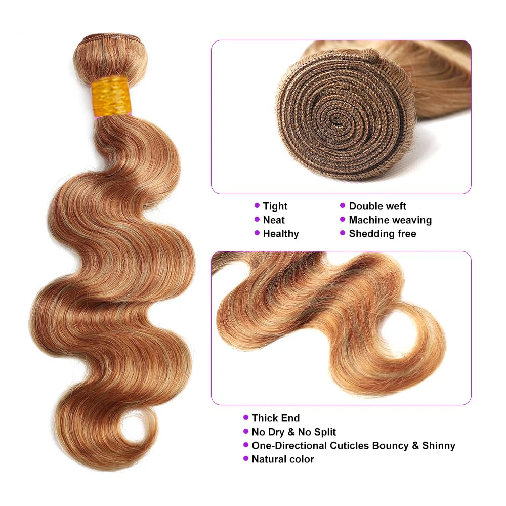 Honey Blonde Highlight Bundles Light Brown Body Wave Bundles 22 22 22 Inch 8A Brazilian Virgin Remy 3 Bundles Double Weft Ombre Brown Body Wave Hair Extensions