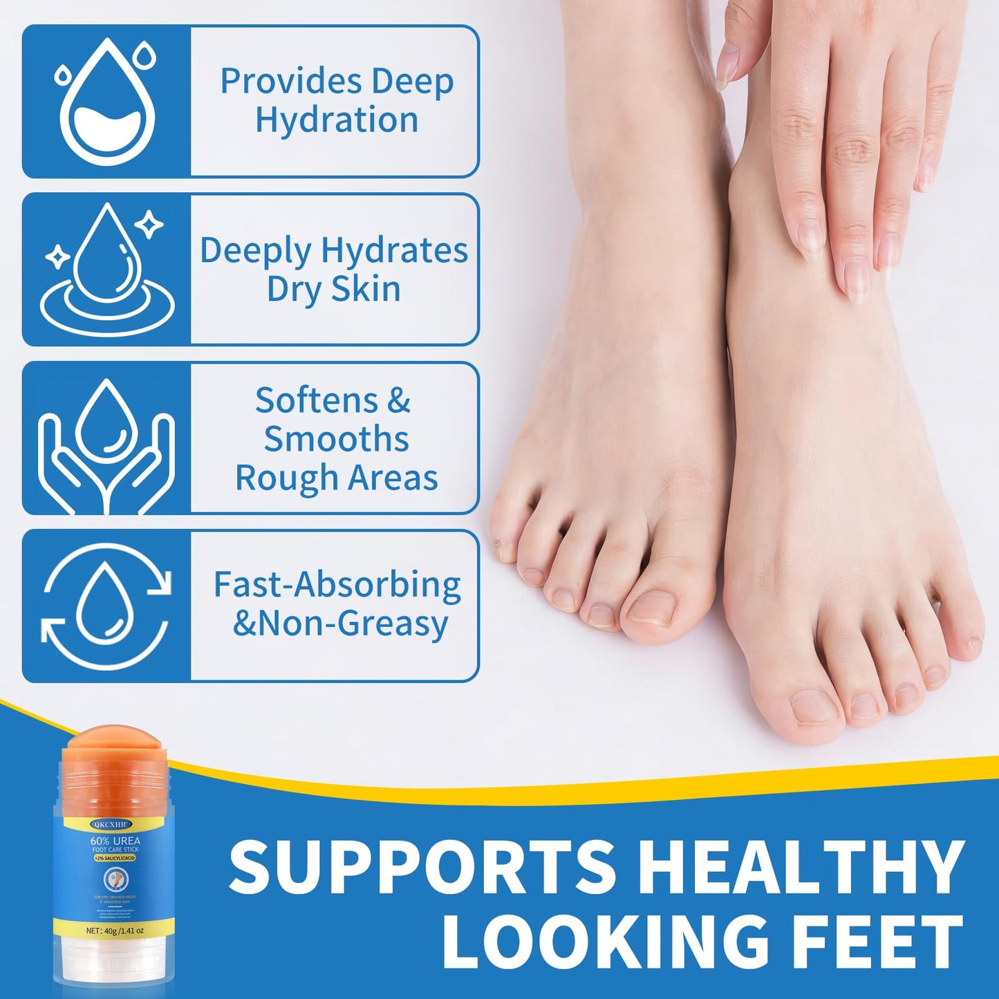 60% Urea Foot Cream Stick Plus 2% Salicylic Acid - Maximum Strength Callus Remover for Dry Cracked Heels & Feet - Touch-Free Exfoliating Moisturizer Bar for Rough Elbows, Knees & Sensitive Skin