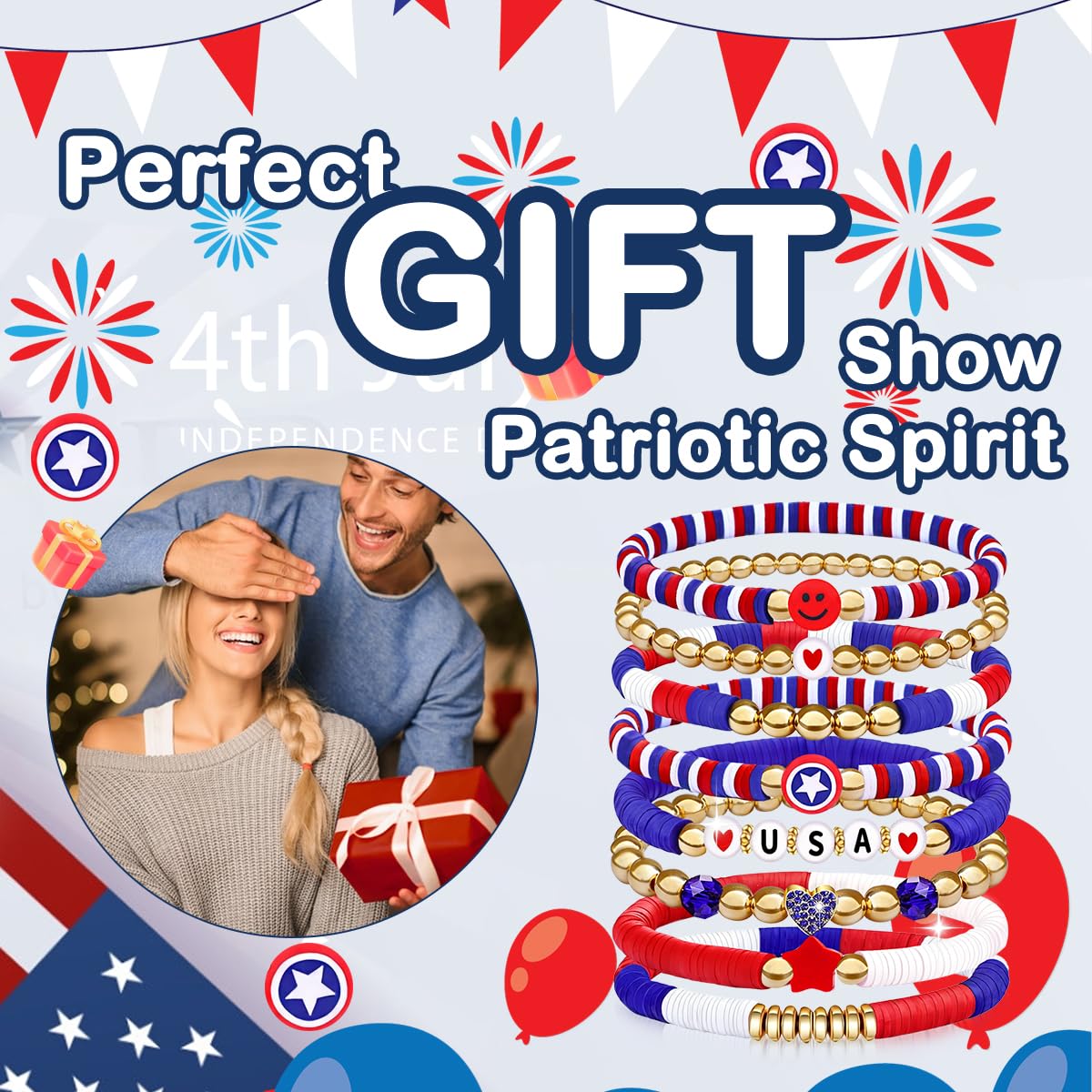 lakayfimily 250 Anniversary USA Merchandise 4th of July Outfits for Women Men Teens Red White Blue Clay Beaded Stretch Bracelets USA Patriotic Jewelry 4th of July Accessories