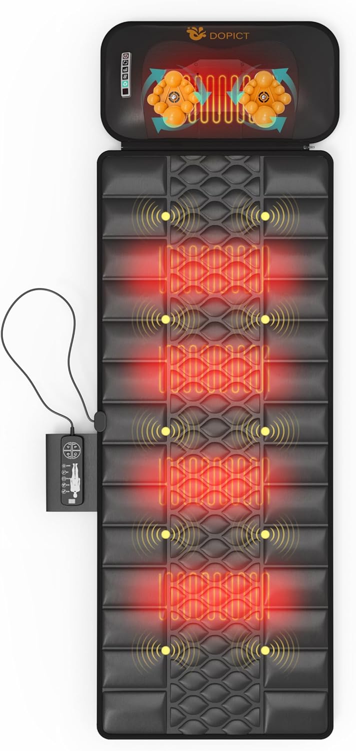 Massage Mat - Full Body Vibration Heating Pad with 10 Motors & 9 Speed Settings | Detachable Neck Massager - Black