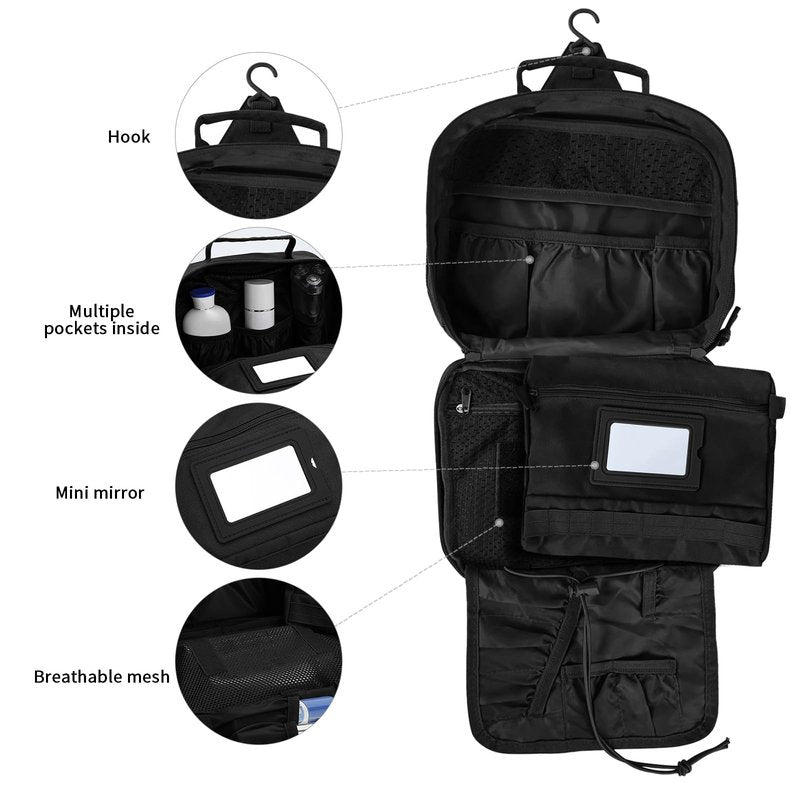SUNRISING Tactical Travel Toiletry Bag for Men and Women, Hanging Travel Toiletry Organizer Dopp Kit, Toiletries Shaving Hygiene Bathroom Bag,Men's Toiletry Bag for Short Trips Camping - Black