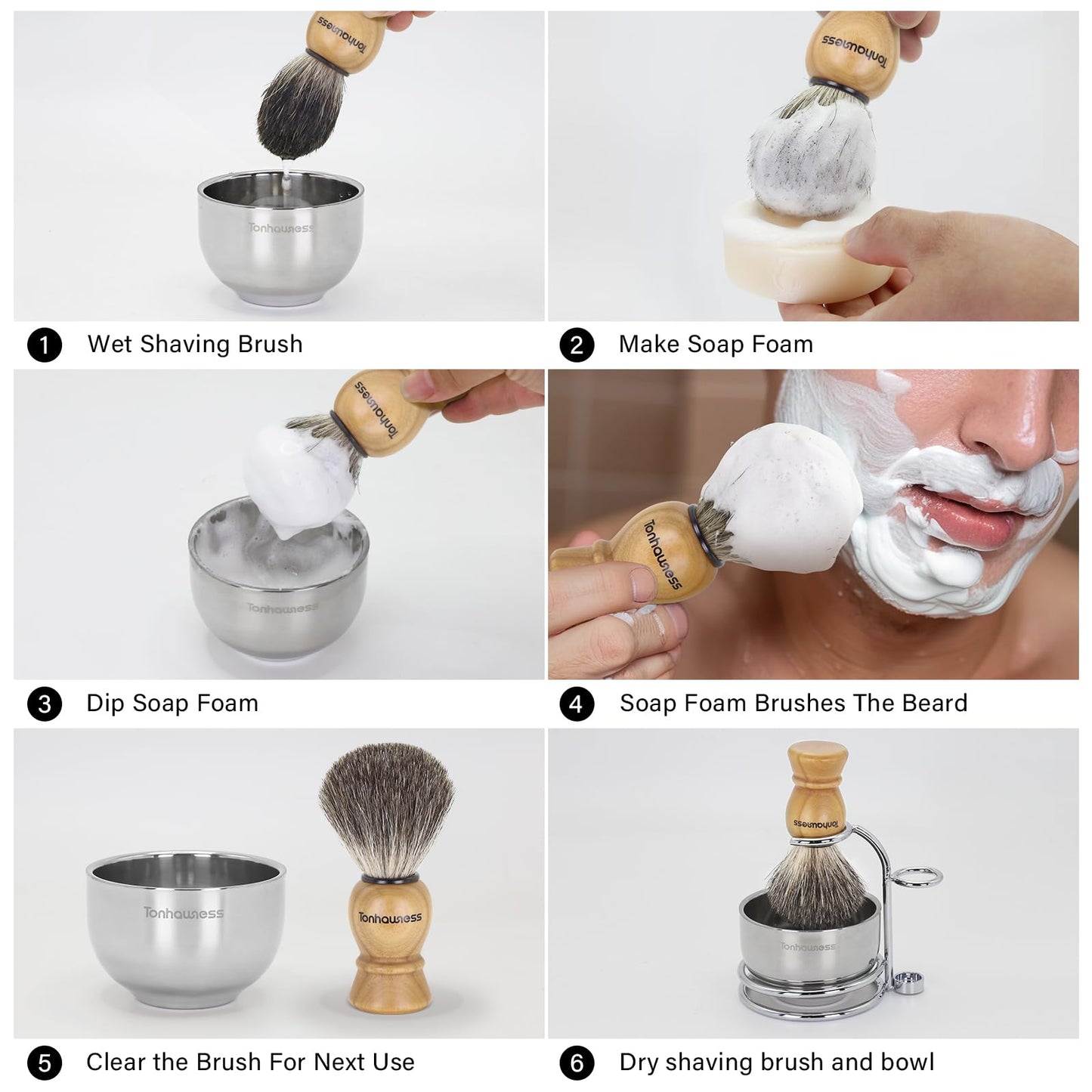 Badger Hair Shaving Brush With Wood Handle, Goat Milk Shaving Soap, Dual-ring Base Stainless Steel Shaving Stand Holder and 3 Layers Shaving Bowl for Men's Wet Shaving (Wood With Badger Hair)