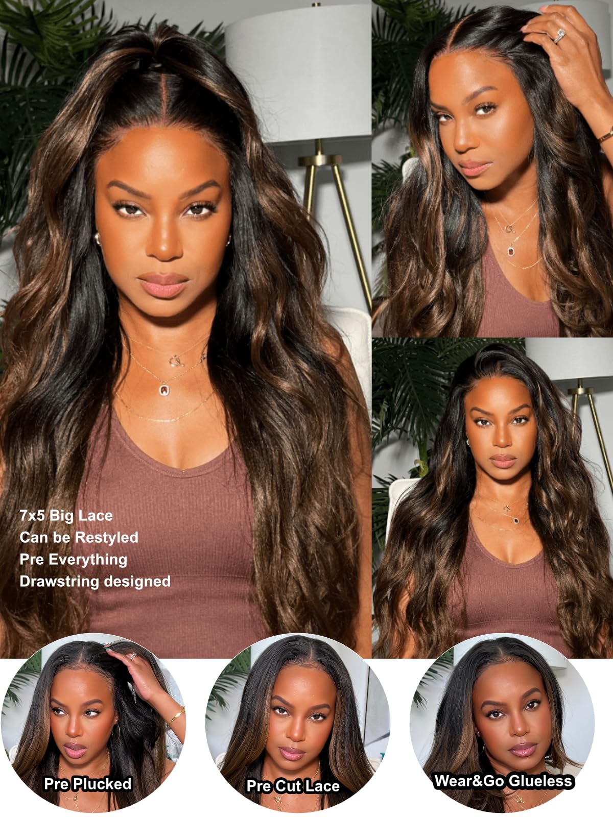 UNICE Chestnut Brown Ombre Yaki Straight 7x5 Pre Cut HD Lace Front Wigs Human Hair with Drawstring Bye Bye Knots Glueless Wig Pre Plucked Bleached Knots Natural Hairline 150% Density 20 inch