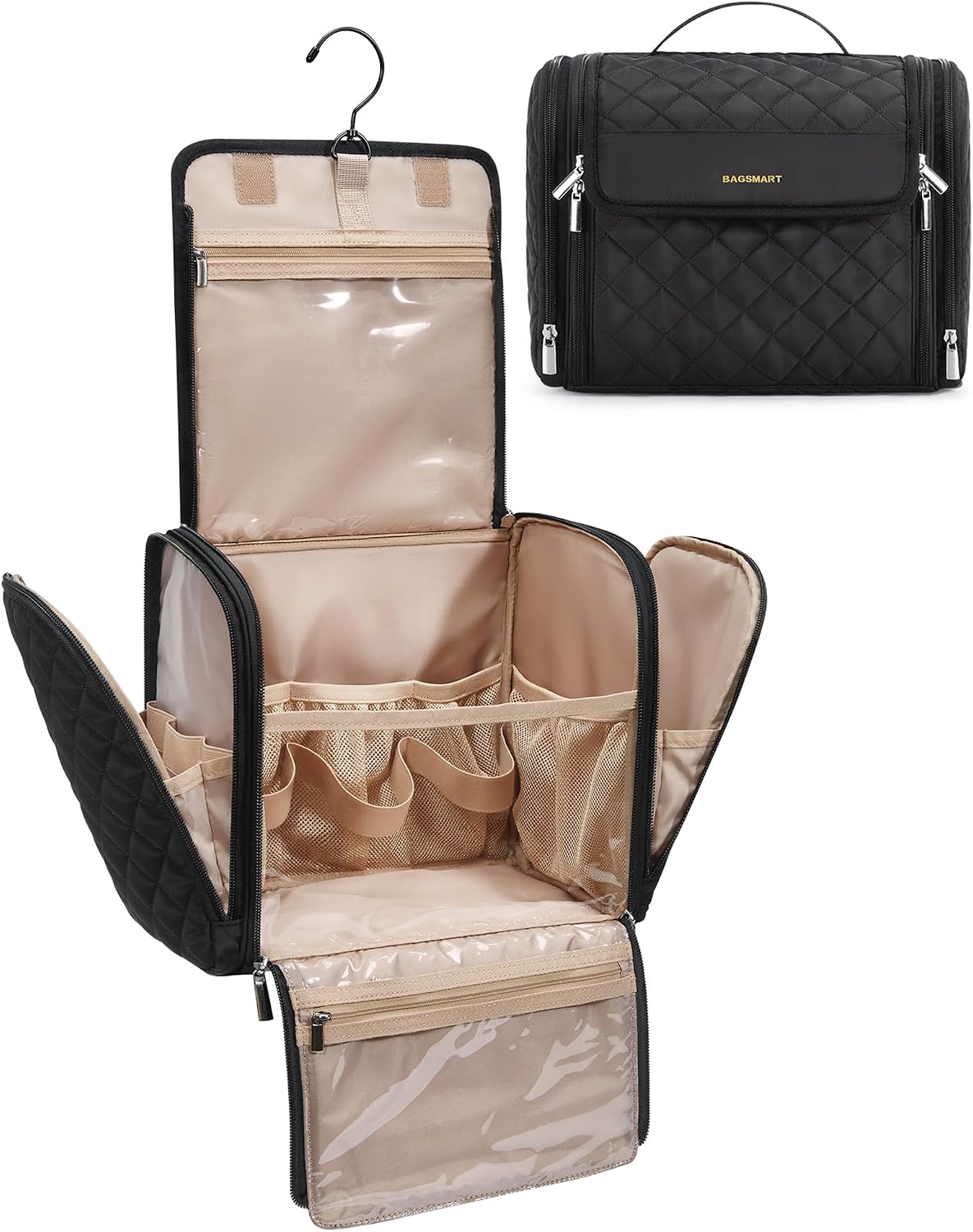 BAGSMART Hanging Travel Toiletry Bag - Large Water-Resistant Organizer for Cosmetics & Brushes | Black