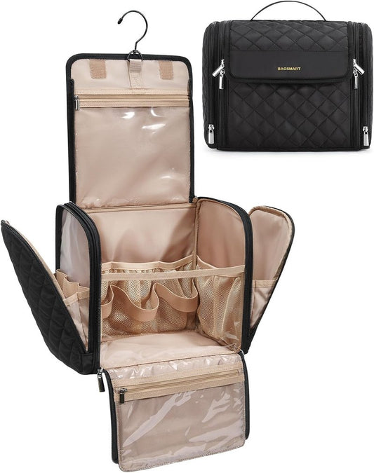 BAGSMART Hanging Travel Toiletry Bag - Large Water-Resistant Organizer for Cosmetics & Brushes | Black