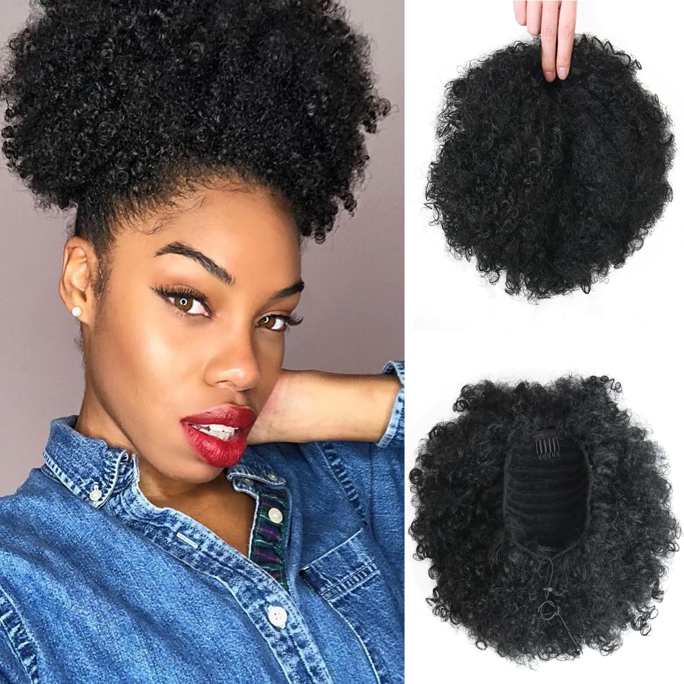 Afro Puff Drawstring Ponytail Extension - Short Curly Clip-On Bun for Black Women | Kinky Texture (1#)