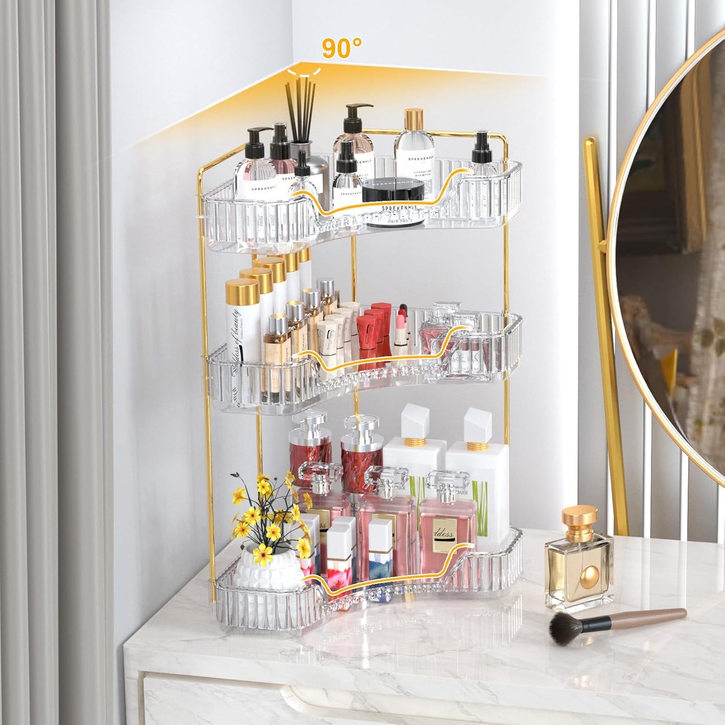 3-Tier Corner Bathroom Organizer - Large Capacity Makeup & Skincare Storage | Clear Vanity Organizer for Women