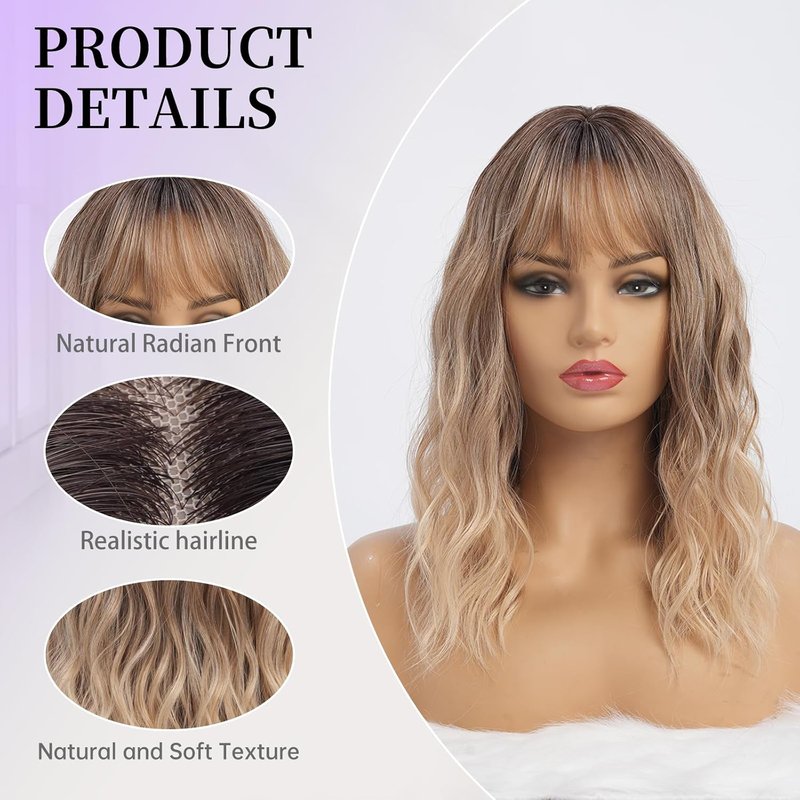 Wavy Ombre Blonde Wig with Bangs - Medium Length Synthetic Hair | Heat Resistant for Daily Use (16 Inch)