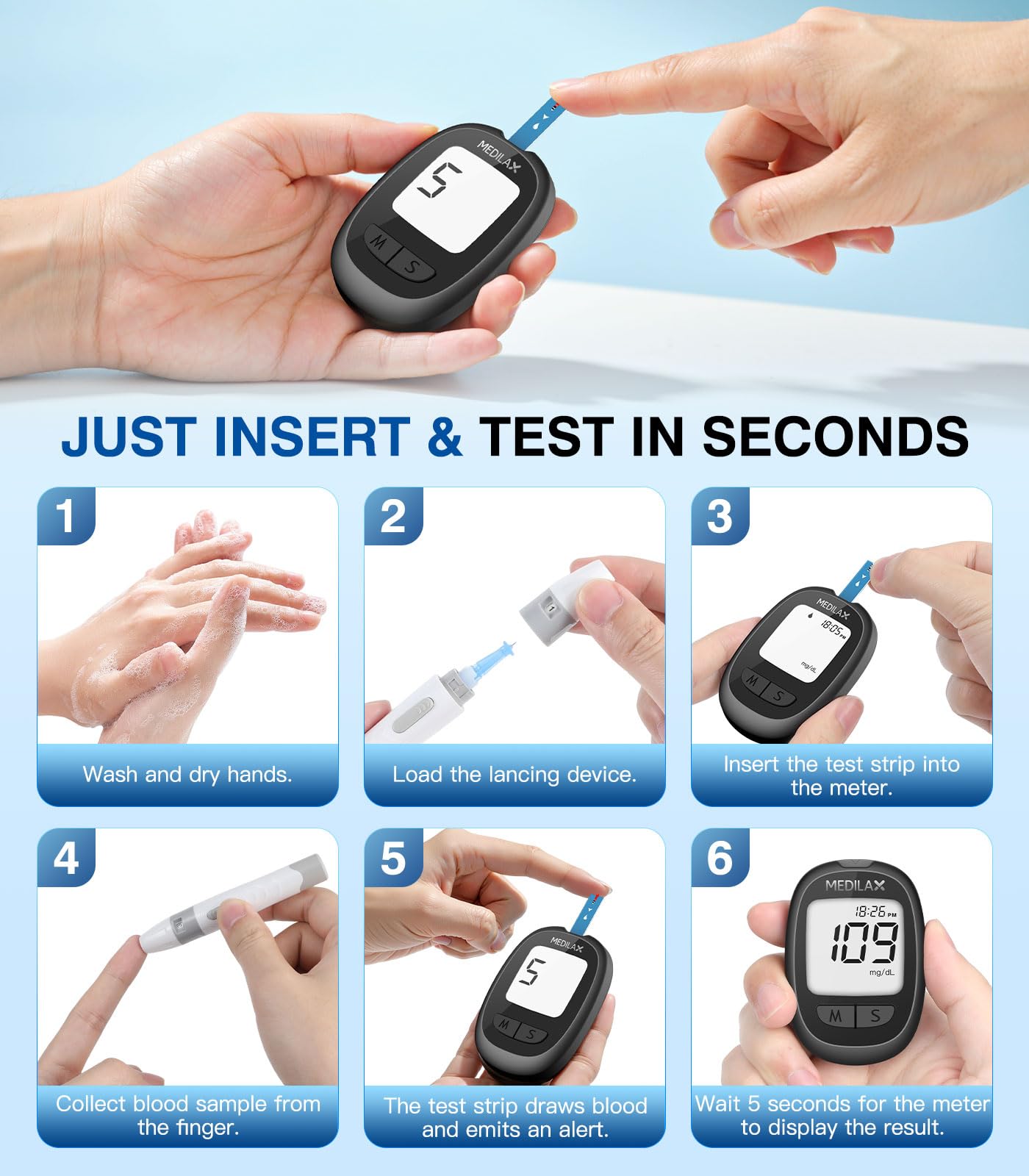 Medilax Blood Glucose Monitor Kit, 100 Test Strips & 100 Lancets Blood Sugar Testing Kit with Glucometer and Lancing Device, No Coding, 500 Storage Glucose Monitor for Home Use, Diabetes Testing