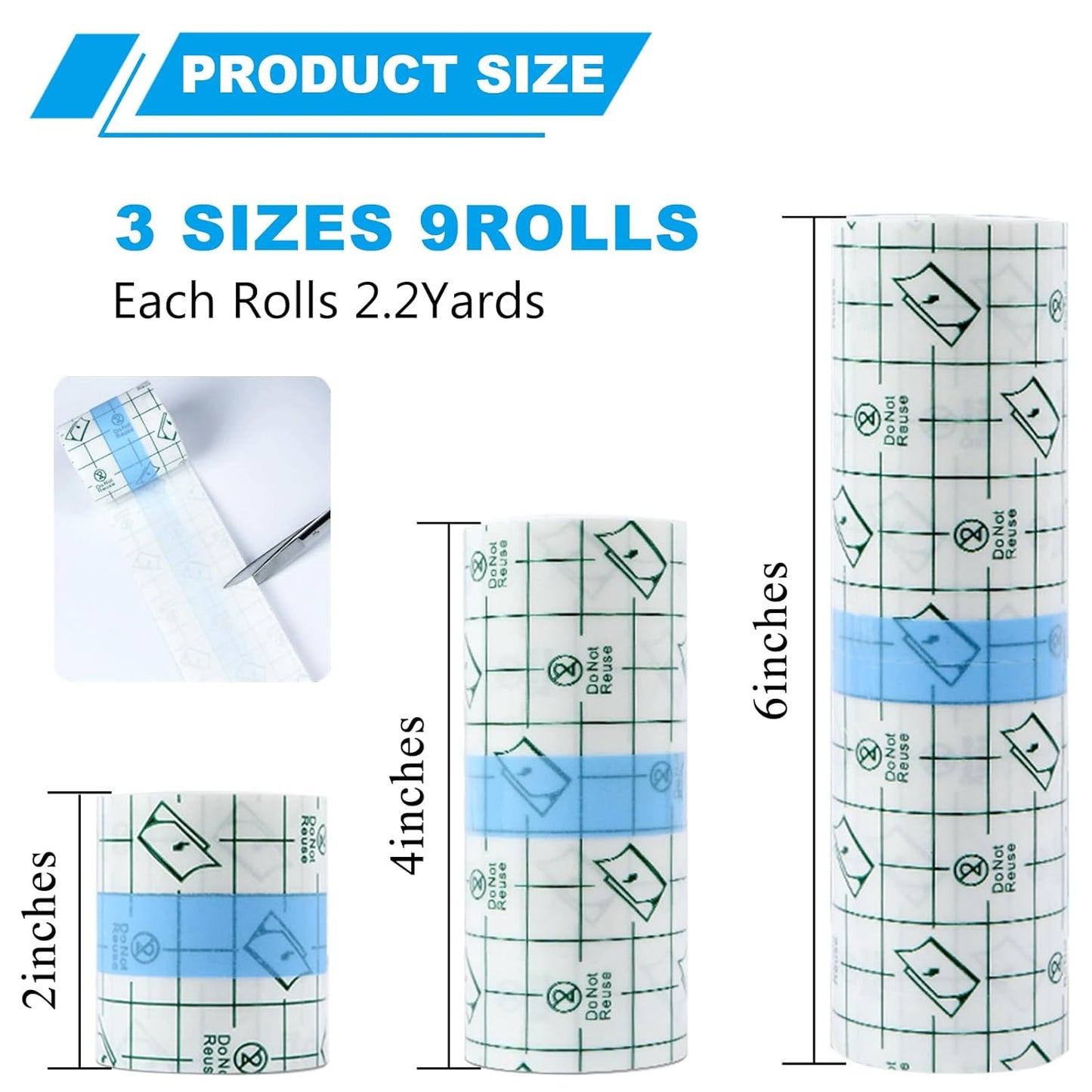 Emalla Waterproof Tattoo Cover - 9 Rolls Second Skin Aftercare Bandage | 2", 4", 6" x 2.2 Yards for Healing & Swimming