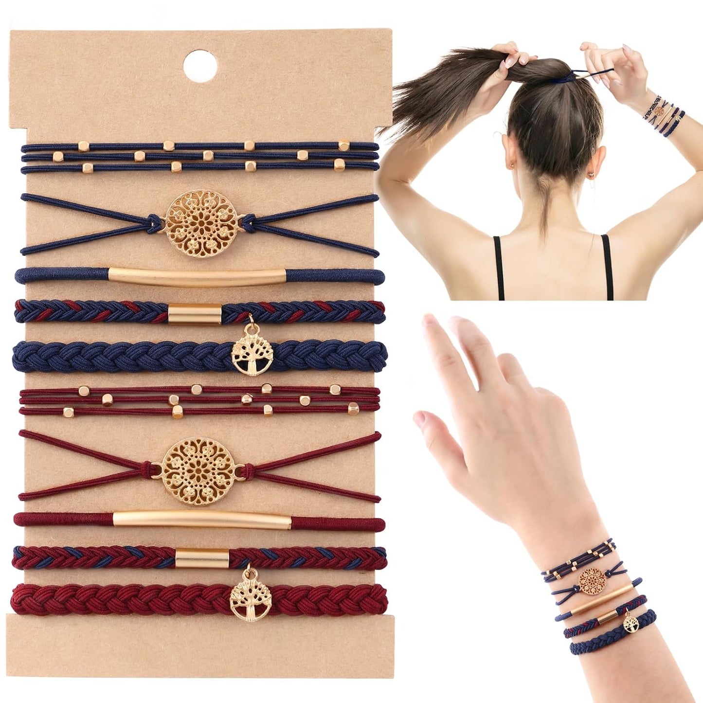 10PCS Hair Ties Bracelet Set - Soft Braided Boho Elastic Hair Bands for Women | Beige & Light Coffee