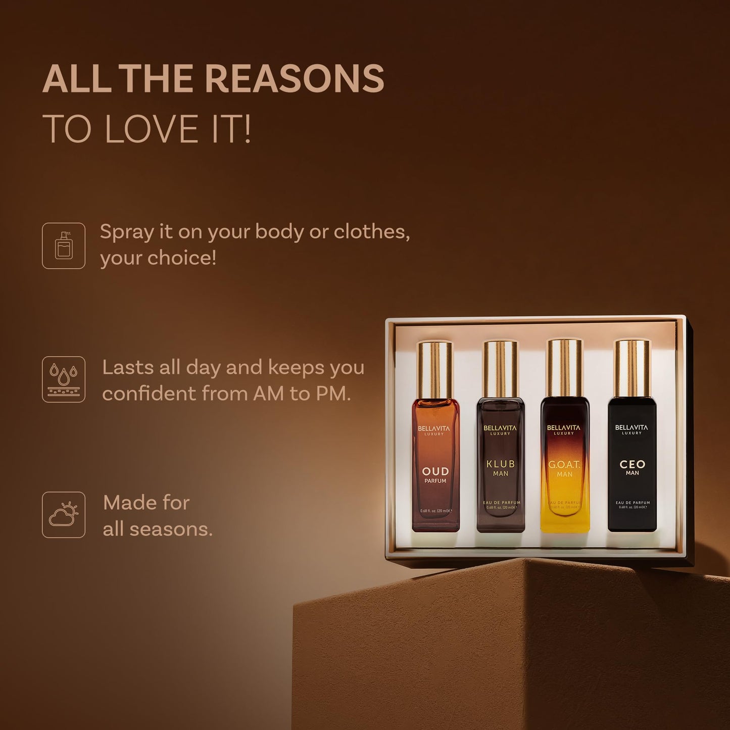 BellaVita Luxury Men's Perfume Gift Set with CEO Man, G.O.A.T., KLUB & OUD | 4 x 20ml (80ml) | Long Lasting Perfume for Men | Citrus, Woody, Patchouli & Caramel Notes | Gift for Father's Day