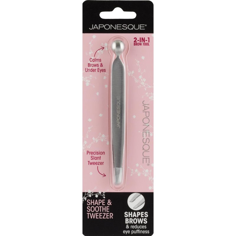 JAPONESQUE Shape & Soothe Tweezer, 2-in-1 Tool, Slant Tweezer for Shaping & Defining Brows & Eye Soother for Reducing Puffiness