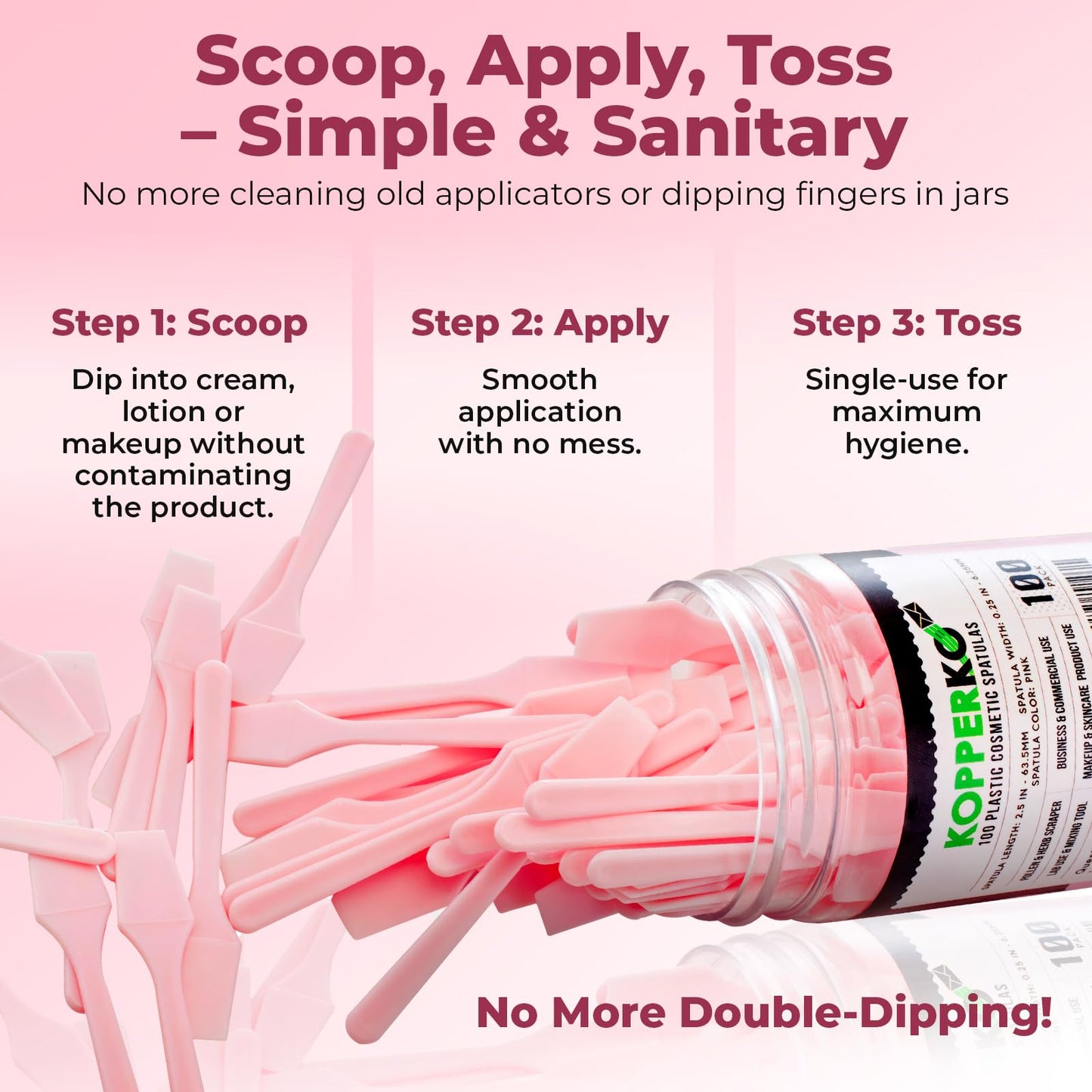 Kopperko Cosmetic Spatulas (2.5”, 100 Pack) - Small Plastic Spatula for Cosmetics, Creams & Crafts | Essential Esthetician Supplies | Makeup Spatula or Multipurpose Mini Applicator for Skincare | Pink
