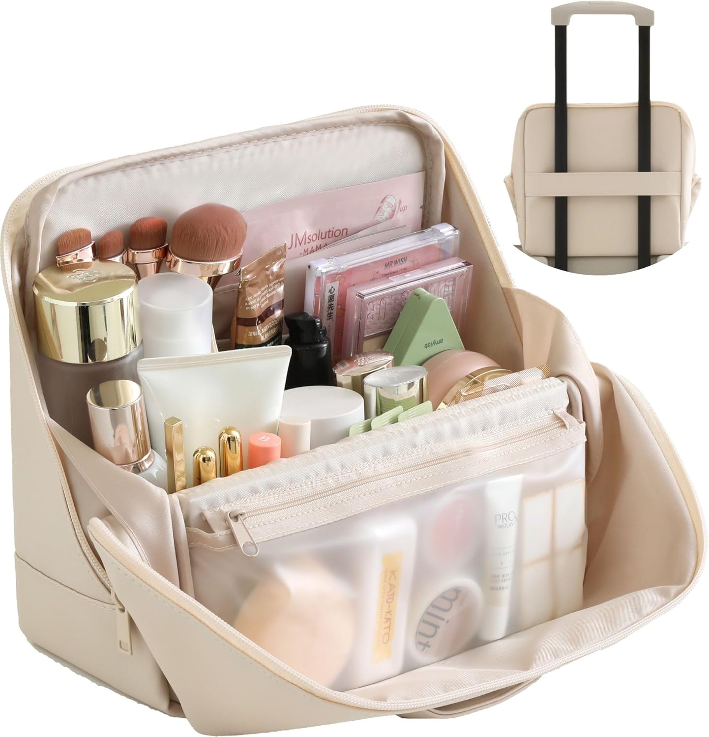 Travel Makeup Bag - Waterproof Leather Cosmetic Organizer for Women | Magnetic Fold-Down Flap, Large, Dusty Rose