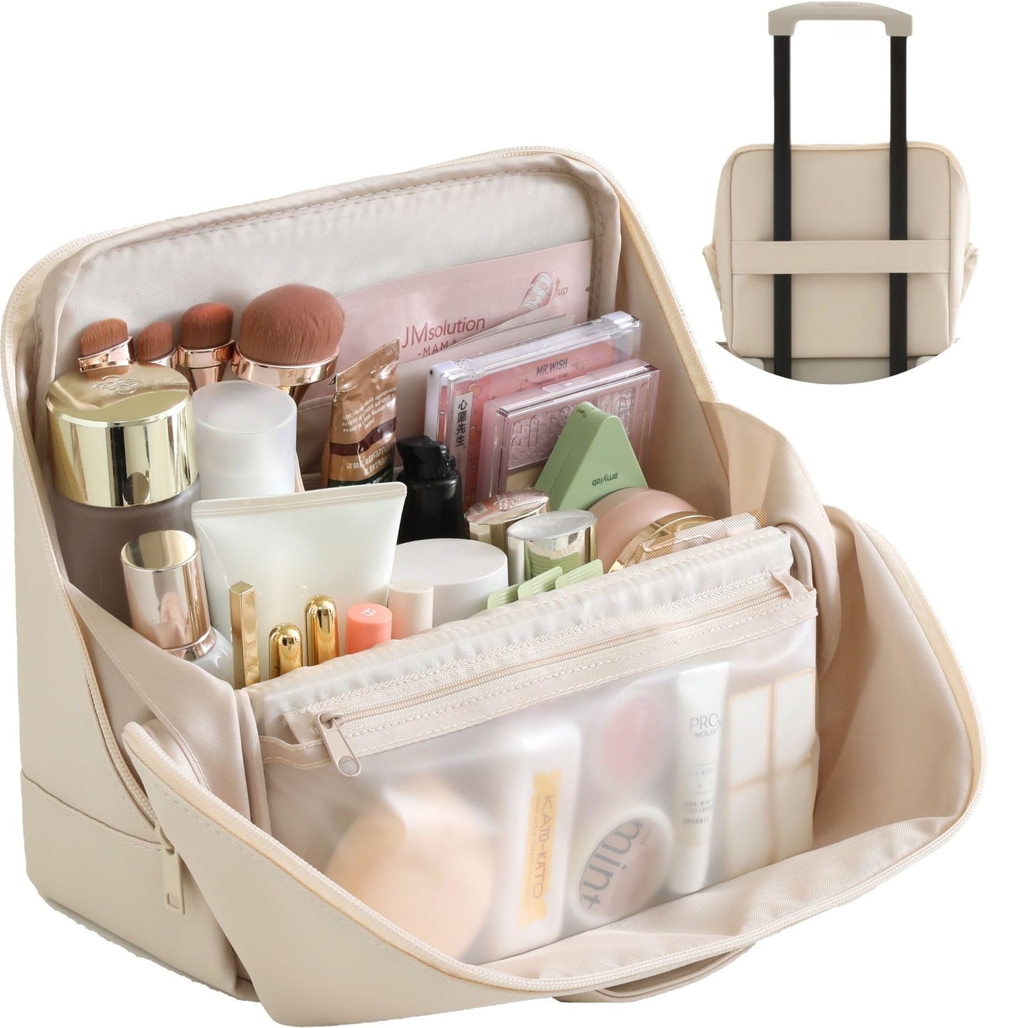 tianzong Travel Makeup Bag with Magnetic Fold-Down Flap, Waterproof Leather Cosmetic and Toiletry Organizer for Women, Multi-Zone Standing Storage, Cream, X-Large