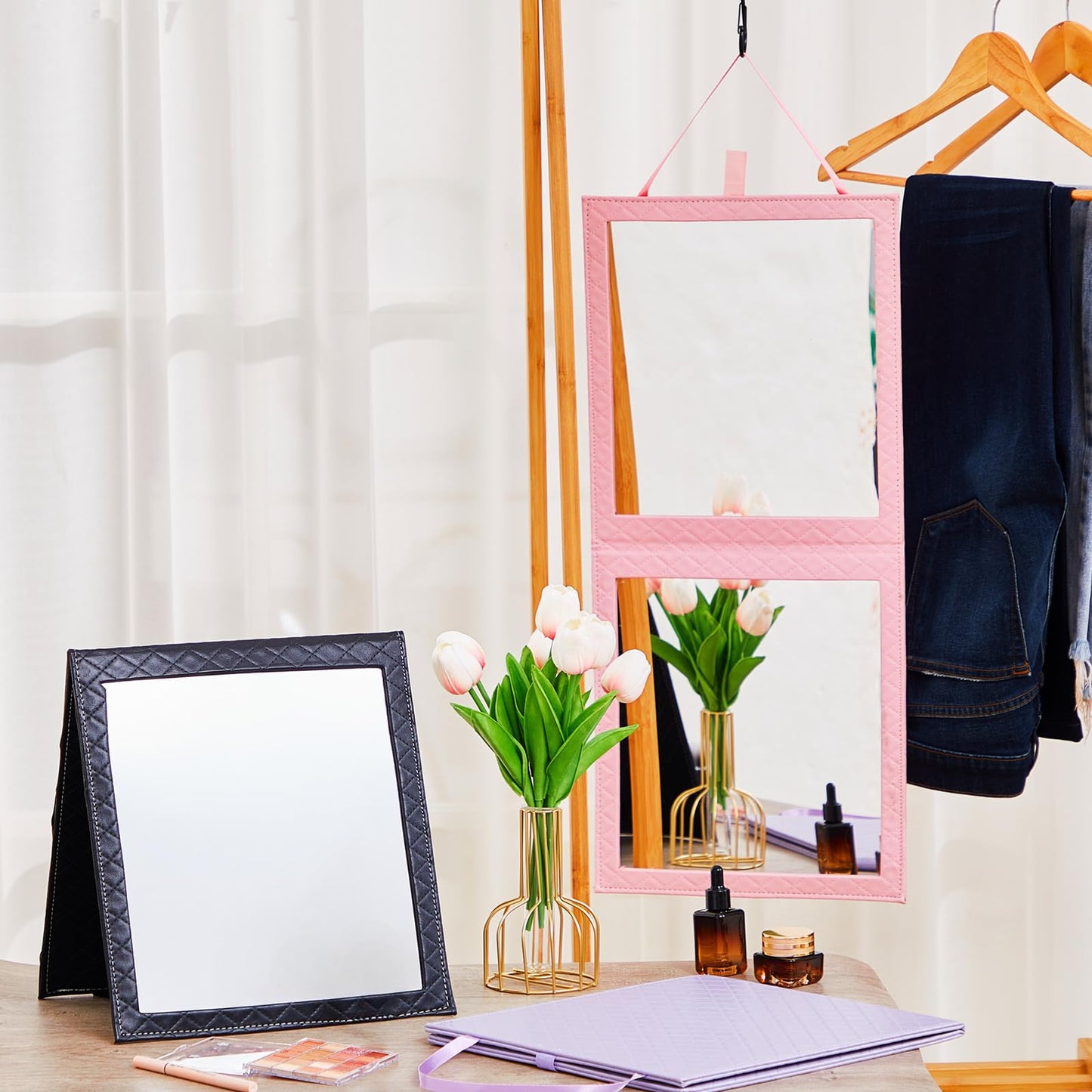 Colingmill Foldable Full Length Mirror Leather 33.5" L x 13.4" W Portable Hanging Travel Mirror with Handle for Travel Dance Camping Home Fitness Spa Gift (Pink, 33.5" L x 13.4" W)