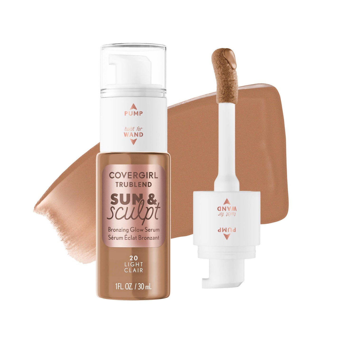COVERGIRL TruBlend Sun & Sculpt Bronzing Glow Serum, Buildable, Radiant Glow, Wand and Pump Applicator - 20 Light